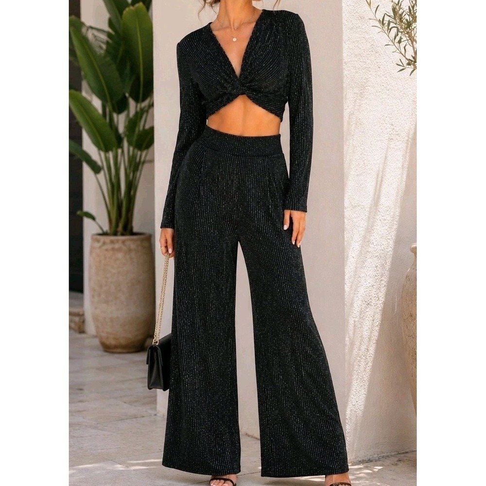 NWT Forever 21 2 Pc Set Top M Pants L Black Metallic Wide Leg Party Chic